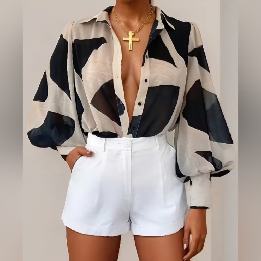 Abstract Black and Cream Blouse RUNS BIG